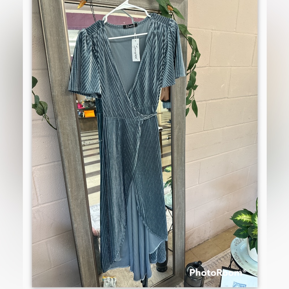 Dusty Blue , Party Dress , Wrap, Belted